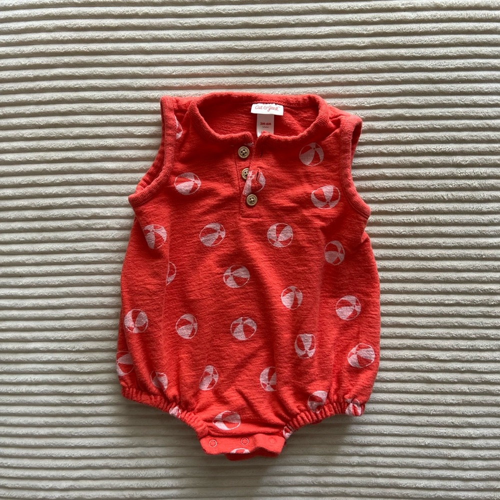 Red Sleeveless Baby Romper with Beach Ball Print